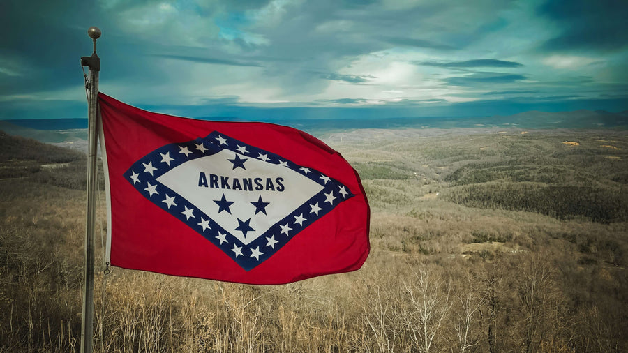 Flag saying Arkansas in front of field|