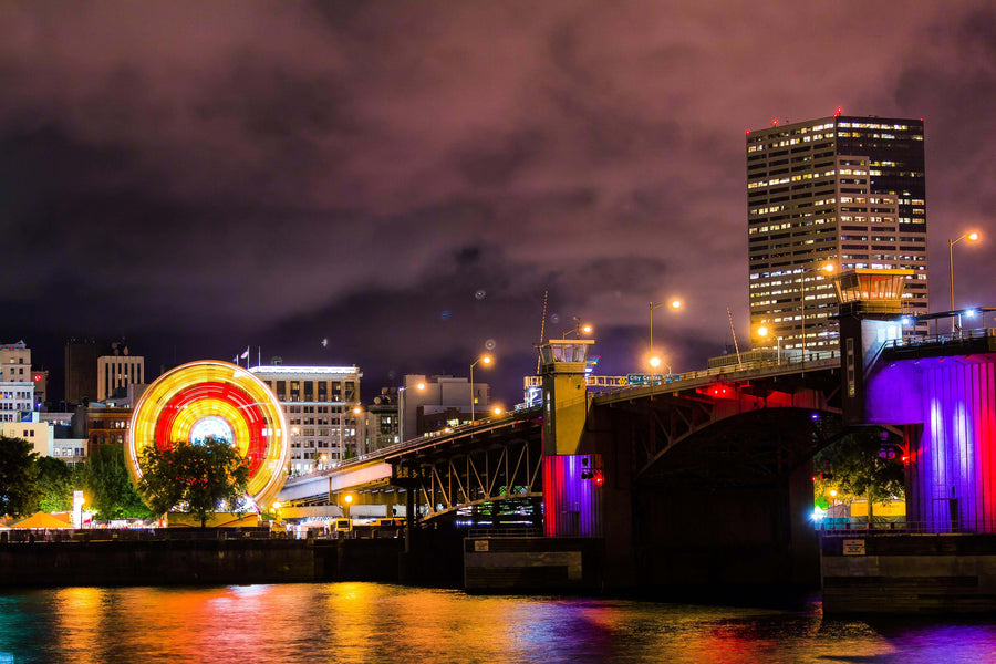 illuminated buildings in Portland, Oregon at night|kratom powder capsule