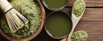 Two cups of green liquid and green powder in a bowl.|Kratom Leaf