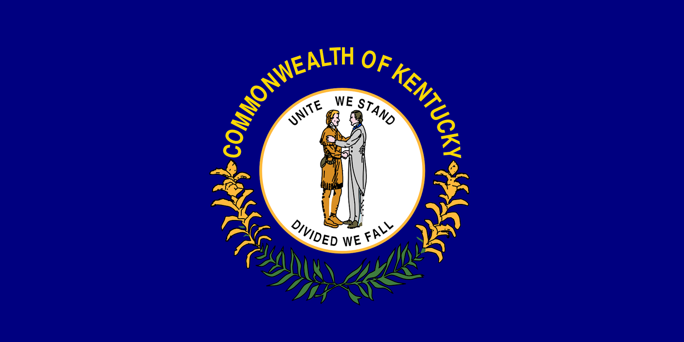 The flag of Kentucky, navy blue with white seal and surrounding goldenrod sprigs|Kentucky Theater in Lexington, Kentucky
