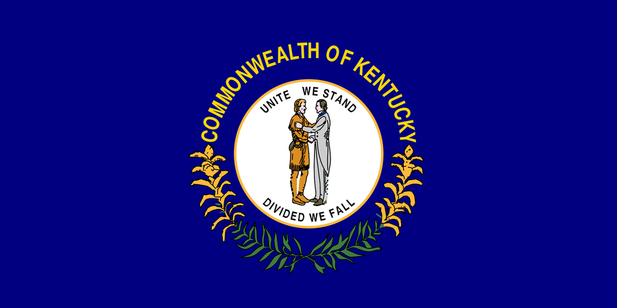 The flag of Kentucky, navy blue with white seal and surrounding goldenrod sprigs|Kentucky Theater in Lexington, Kentucky