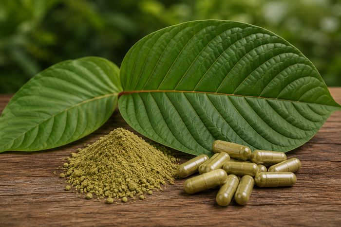 Kratom leaf next to powder and capsules