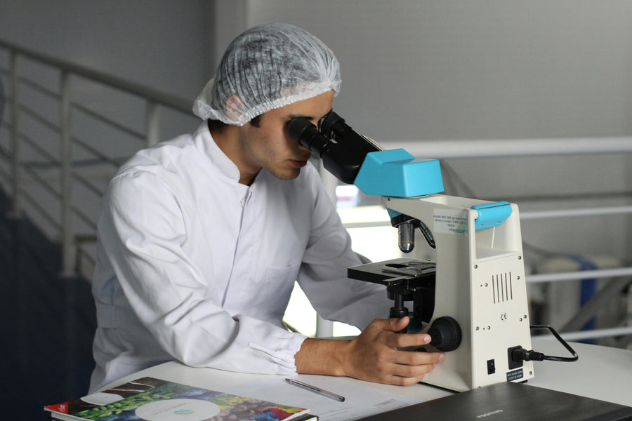 a scientist looking through a microscope|a person holding green leafed plant