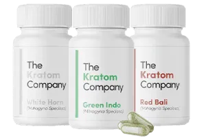 The Kratom Company capsule bottles – White Horn, Green Indo, Red Bali