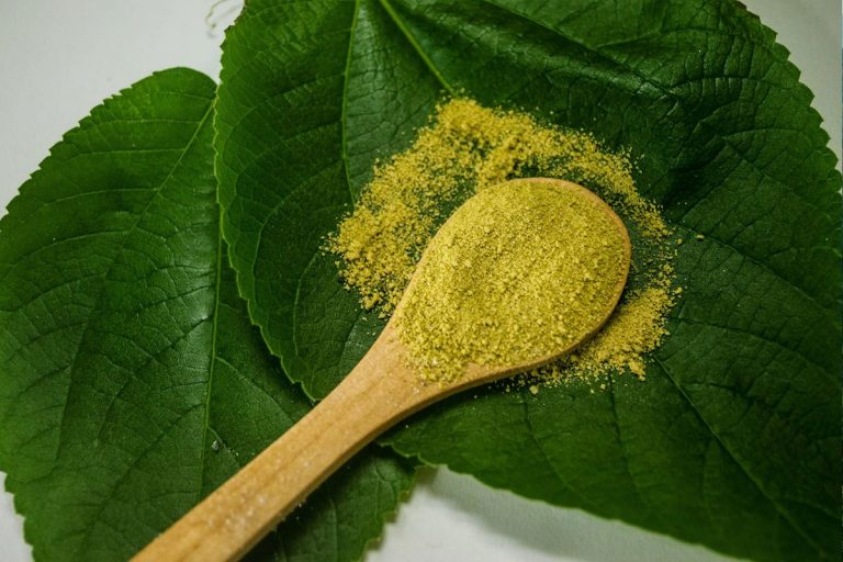 Kratom powder on leaves
