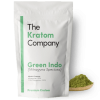 A packet of green Indo kratom powder, with some powder on a wooden vessel.