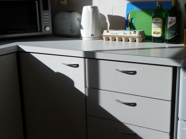 Sunlight streaming through a kitchen