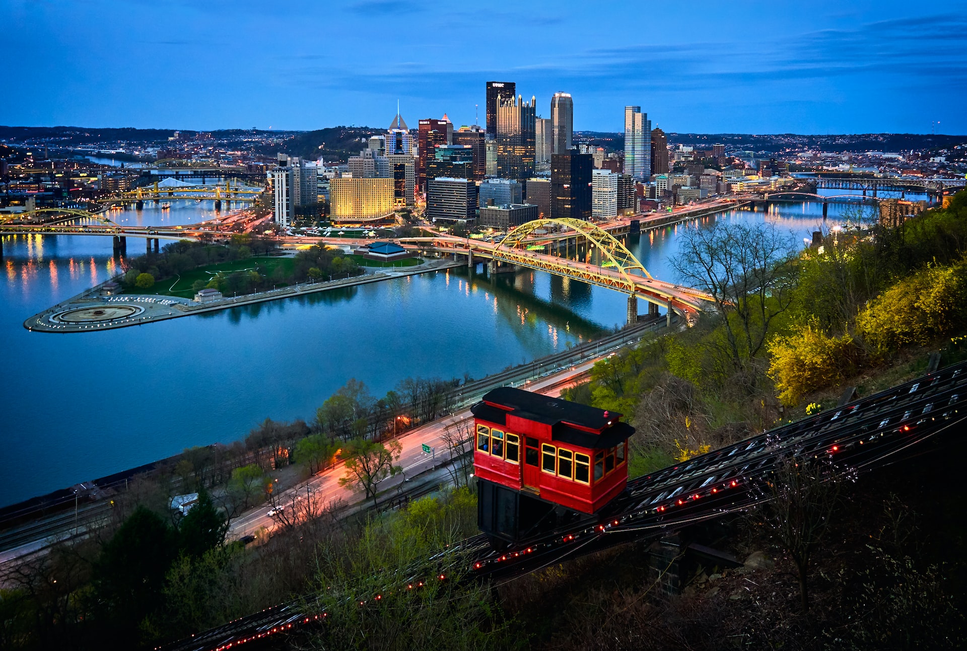 Downtown Pittsburgh Pennsylvania skyline at dusk