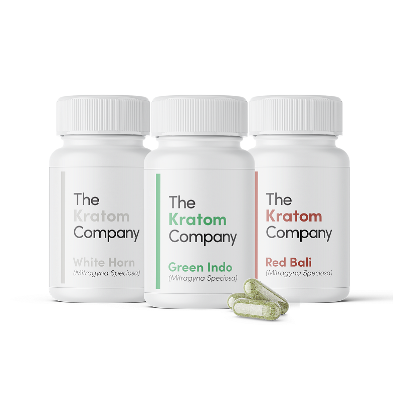 Three bottles of kratom capsules against a white background 