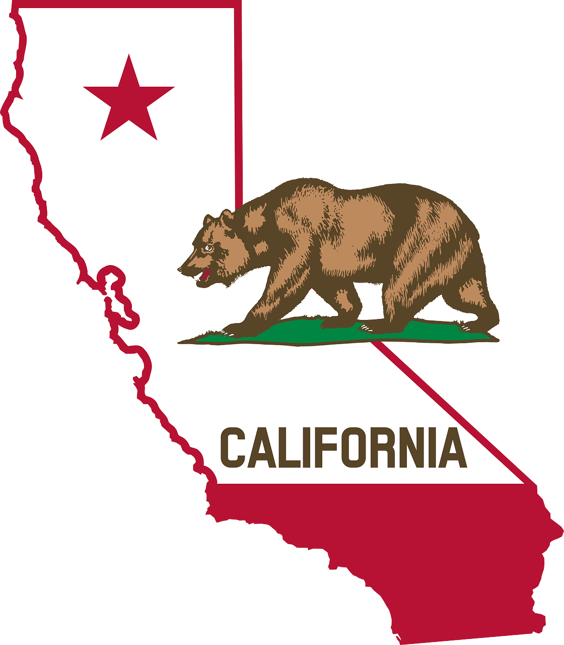 Red outline of California with state bear logo