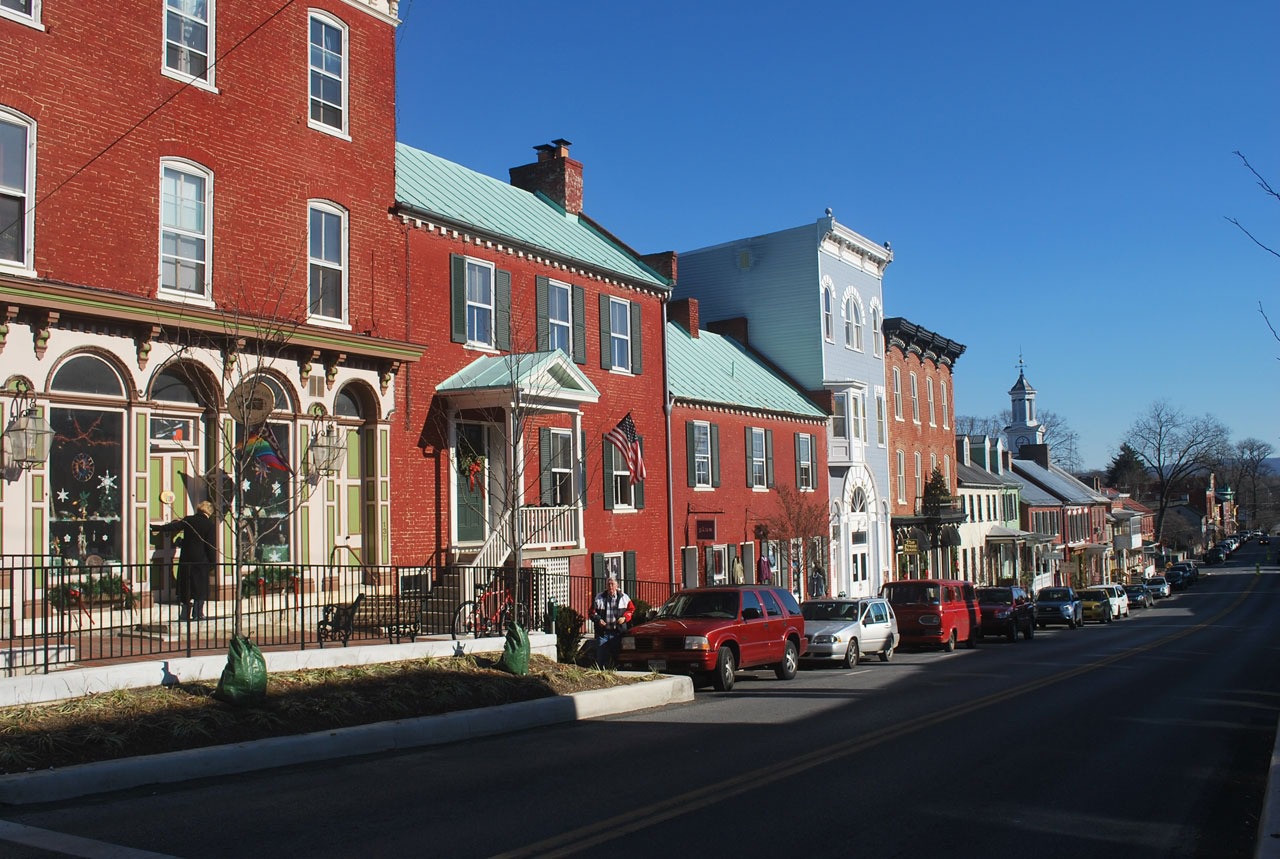 Buildings lining a small-town street in West Virginia