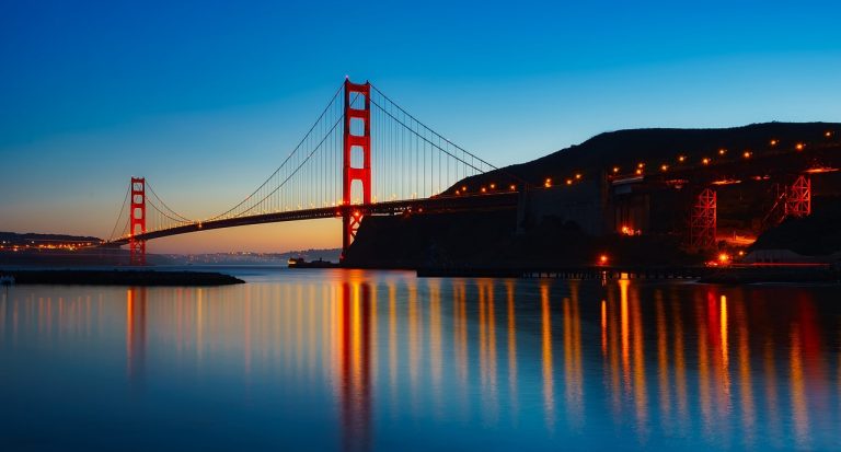 Golden Gate Bridge at twilight with reflection over the Pacific Ocean