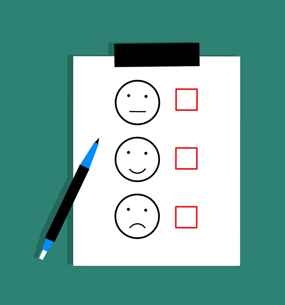 Illustration of a survey with neutral face, happy face, and sad face