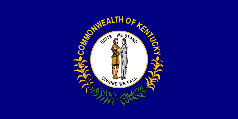 The flag of Kentucky, navy blue with white seal and surrounding goldenrod sprigs