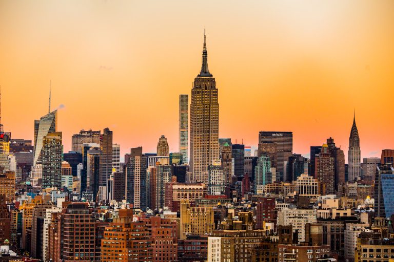 New York City skyline with orange background