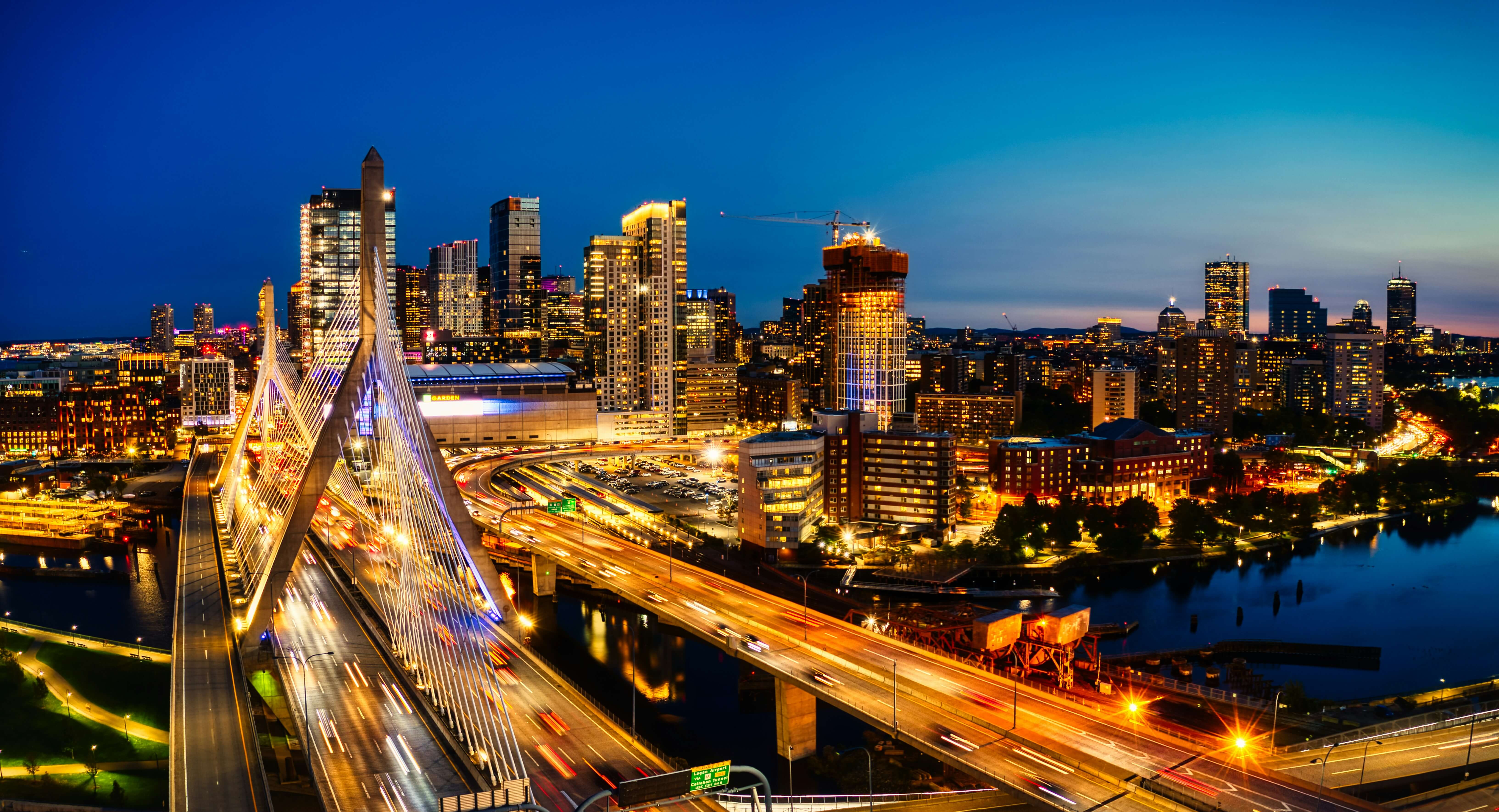 Aerial view of Boston at night