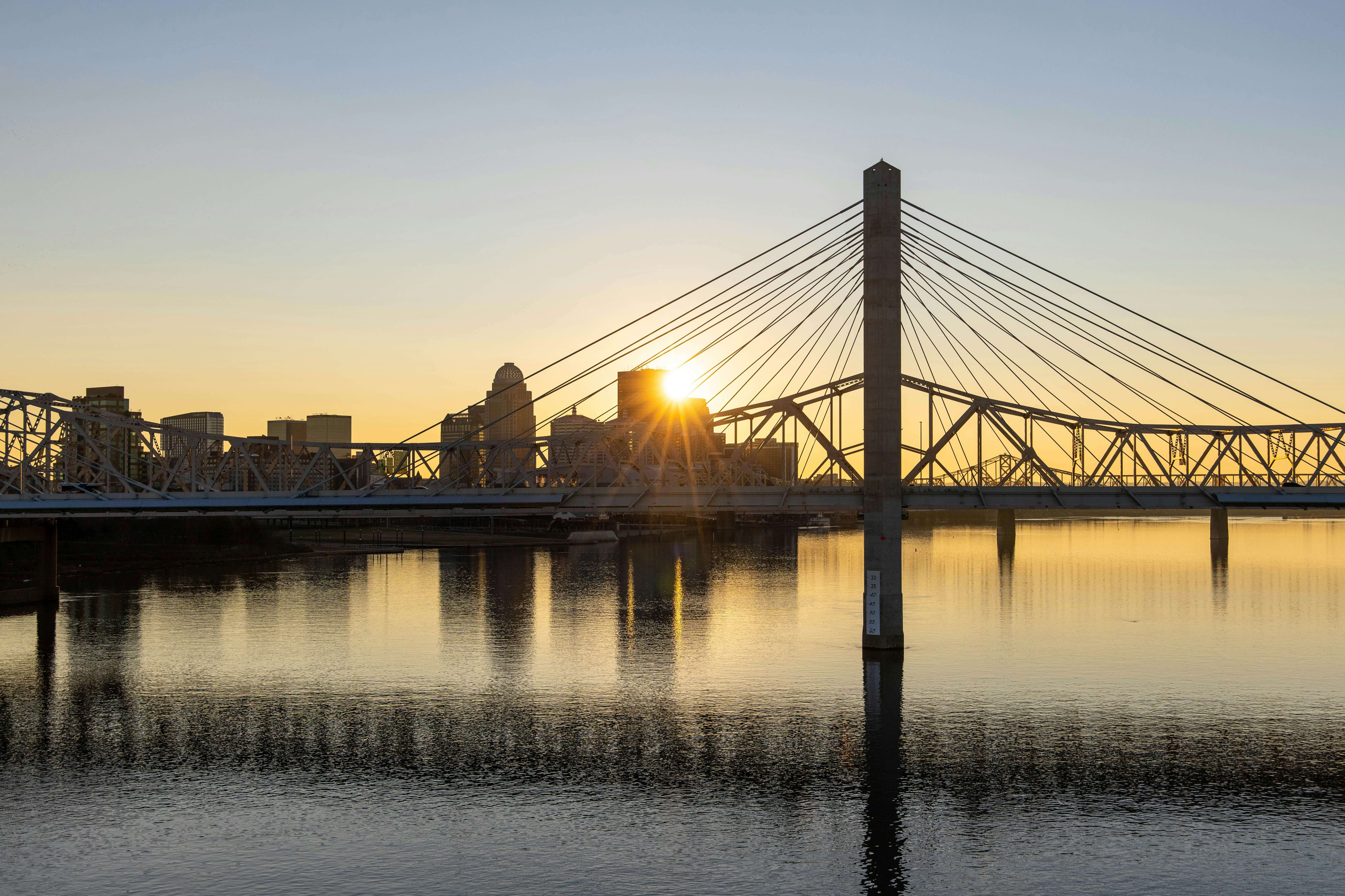 view of Louisville, Kentucky across a river at sunset